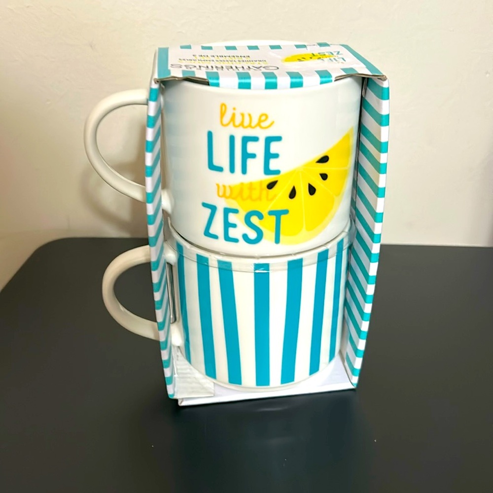 New in Box Godinger Gatherings "Live Life With Zest" Stackable Mugs. Set of two.